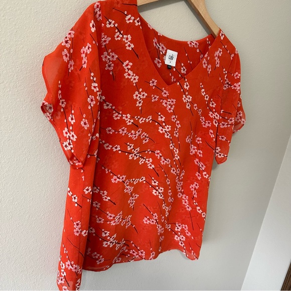 Cabi Orange & White Floral V Neck Lightweight Flowy Short Sleeve Blouse Medium - Picture 4 of 14
